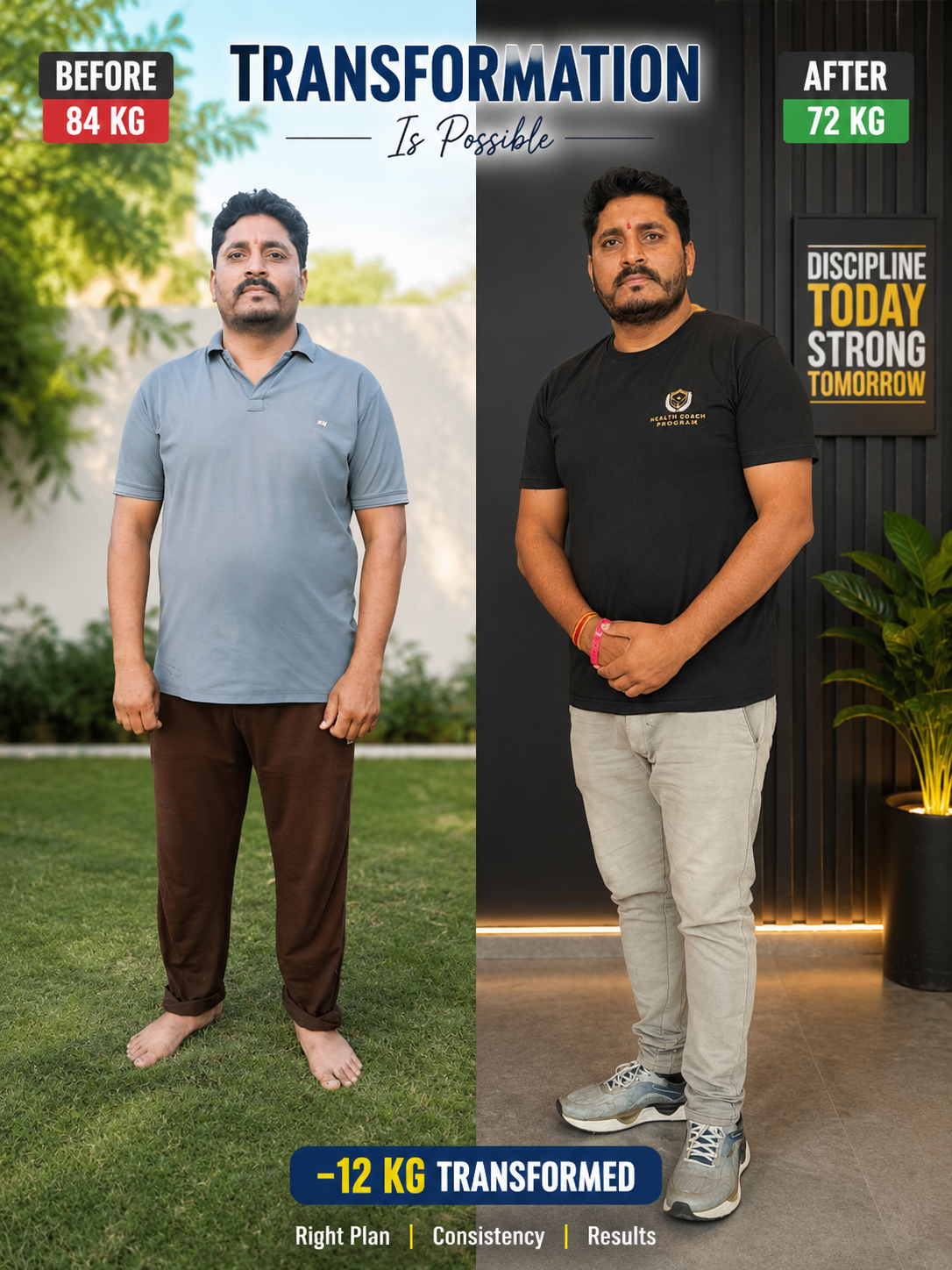 Coach Neeraj Roy before and after his own transformation: 84 kg to 72 kg