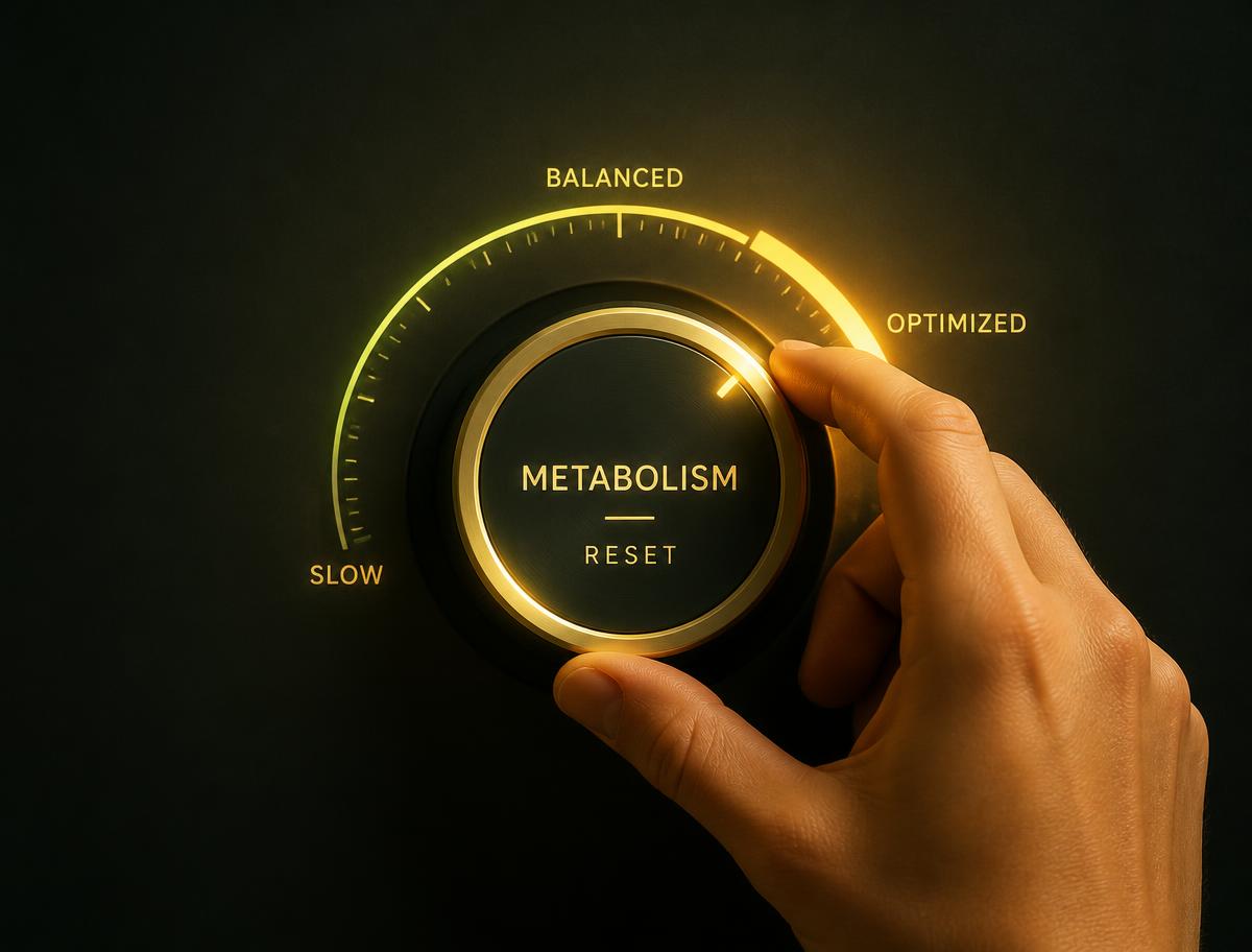A hand turning a metabolism dial from slow to optimised