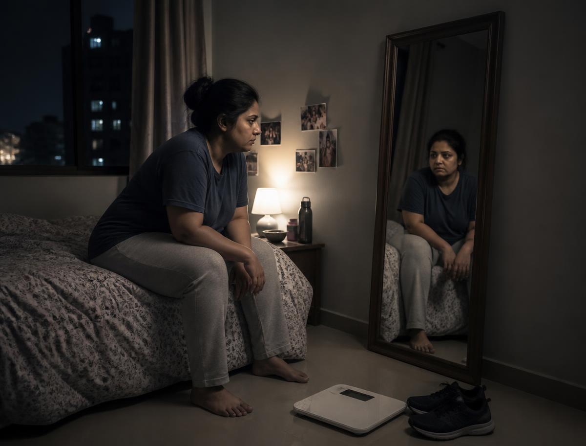A tired woman sitting on her bed at night beside a weighing scale