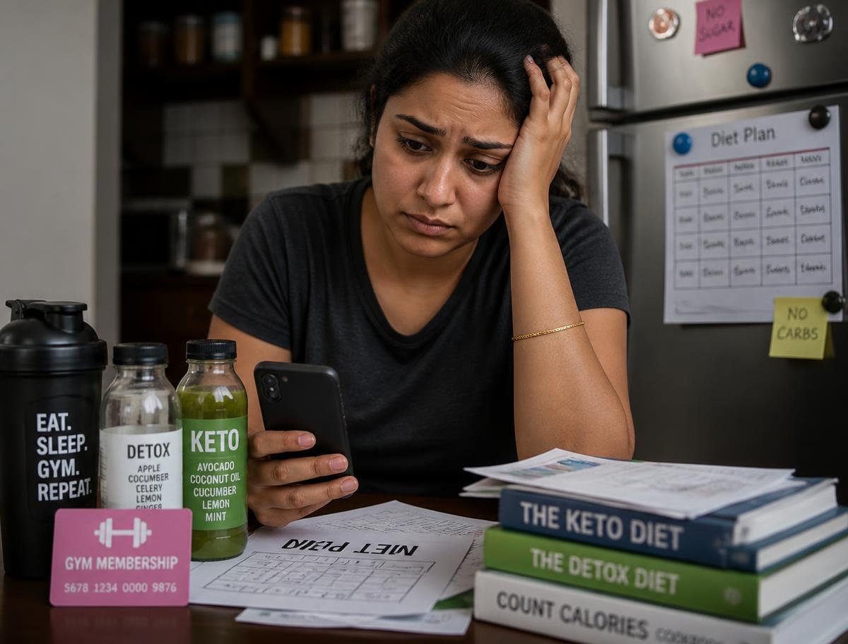 A frustrated woman surrounded by keto books, detox juices and diet charts